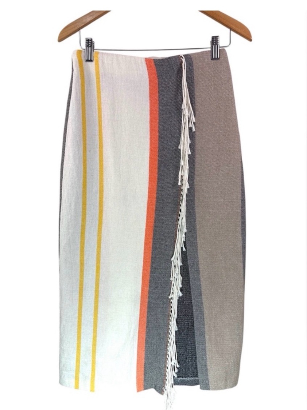 Zara Striped Fringe Wrap Midi Maxi Skirt Cream Orange Yellow Boho Size M - Picture 3 of 6